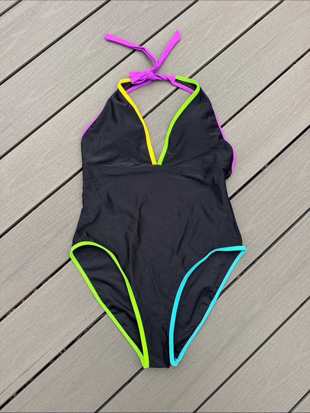 Black Neon Colorblock One Piece Swimsuit Halter V-Neck Swimwear Women's Size L